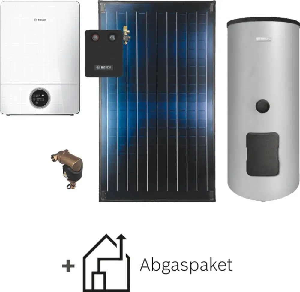 Bosch Heizsystem mit einem Kessel, einem Solarpanel, einem Wärmeübergabegerät und einem Speicherbehälter in silberner Ausführung.
